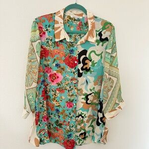Rose+Olive Flowy Button Front Patchwork Tunic Blouse Shirt 3/4 Sleeve Floral 1X